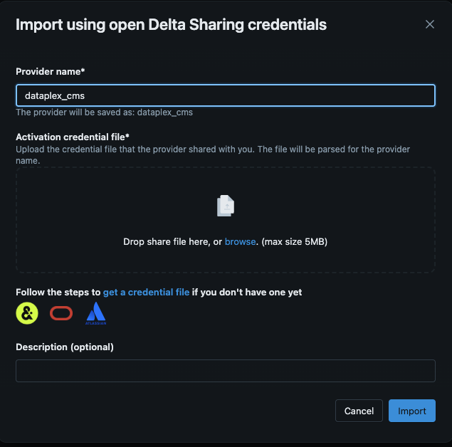 Import Delta Sharing credentials dialog with provider name and file upload