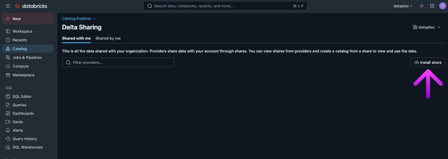 Delta Sharing page with Install share button