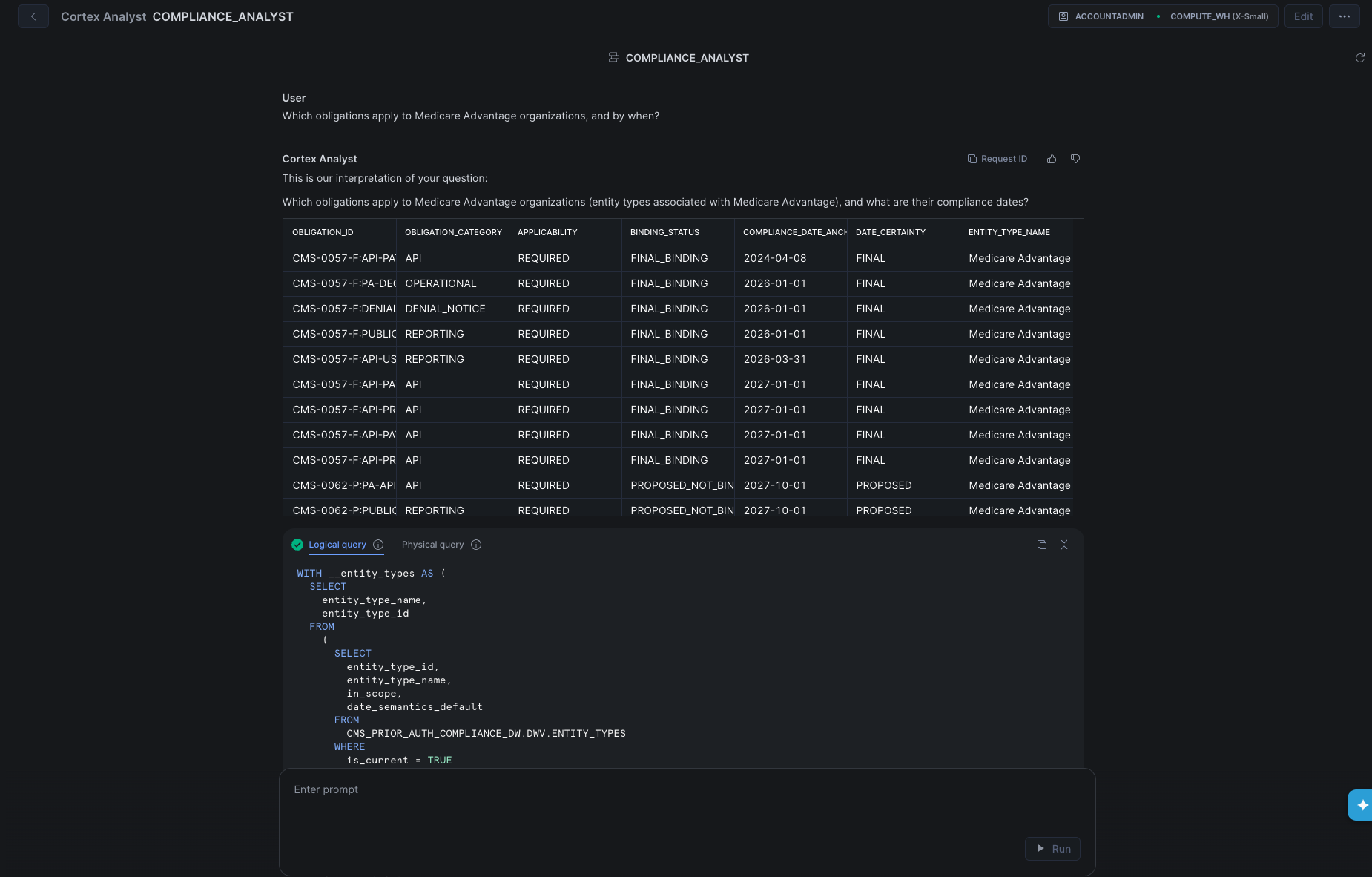 Cortex Analyst answering a natural-language question against the COMPLIANCE_ANALYST semantic view