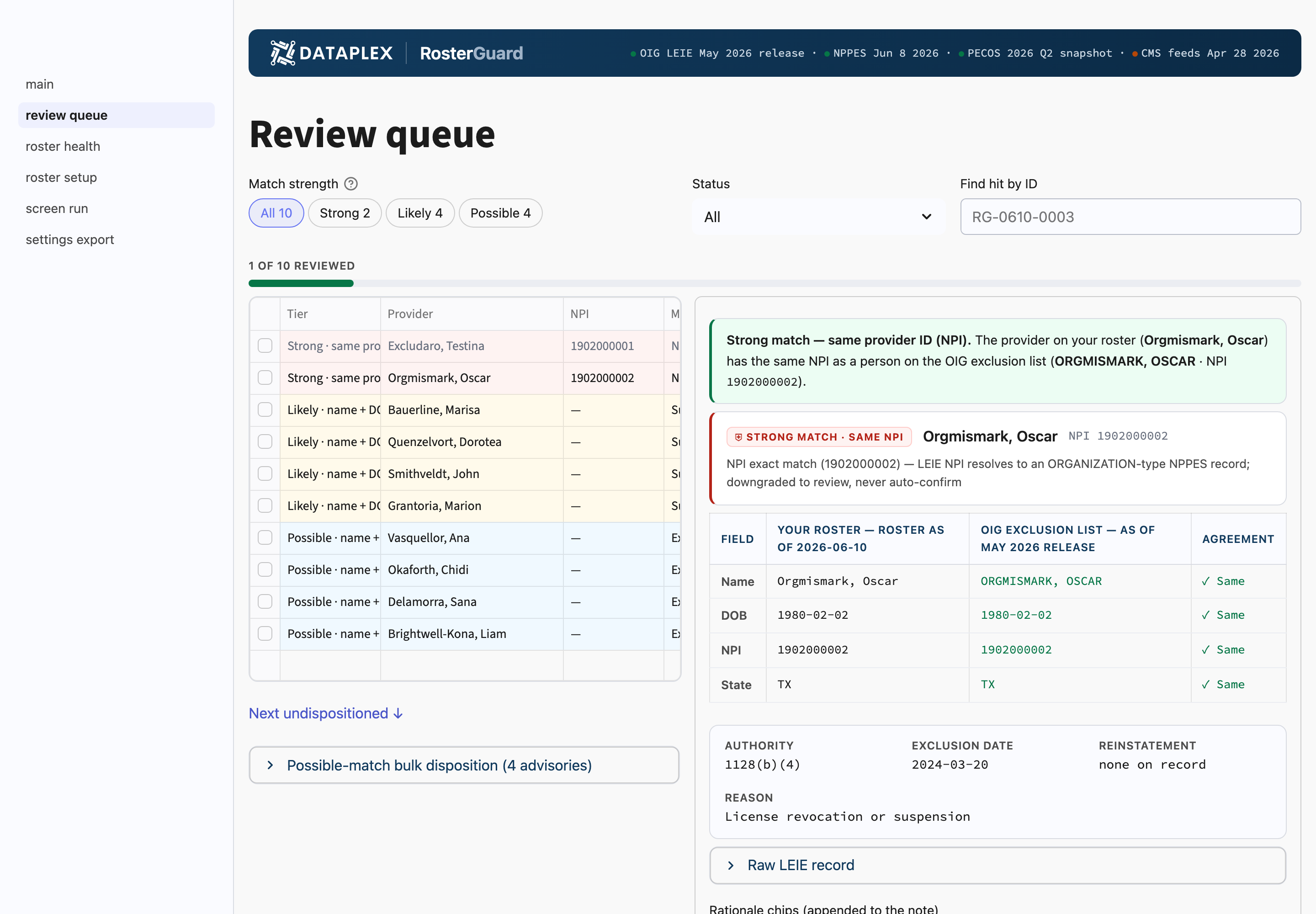 RosterGuard review queue with per-hit field evidence panel